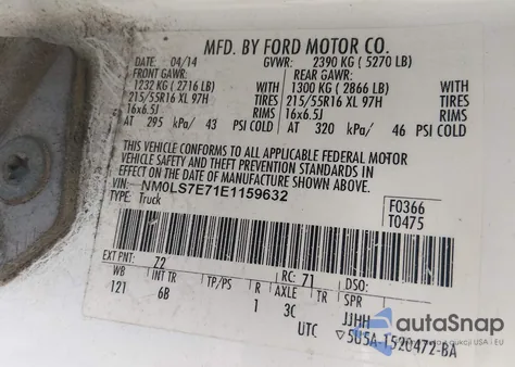 2014 Ford Transit Connect Xl z USA, uszkodzony, nr VIN NM0LS7E71E1159632